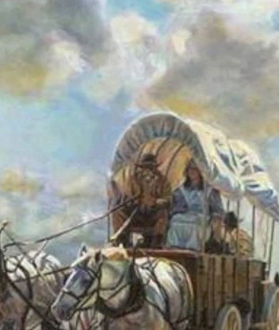 pioneers in wagon being pulled by a team of horses