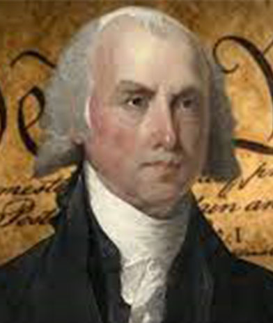 painting of james madison with portion of Constitution of the United States in the background